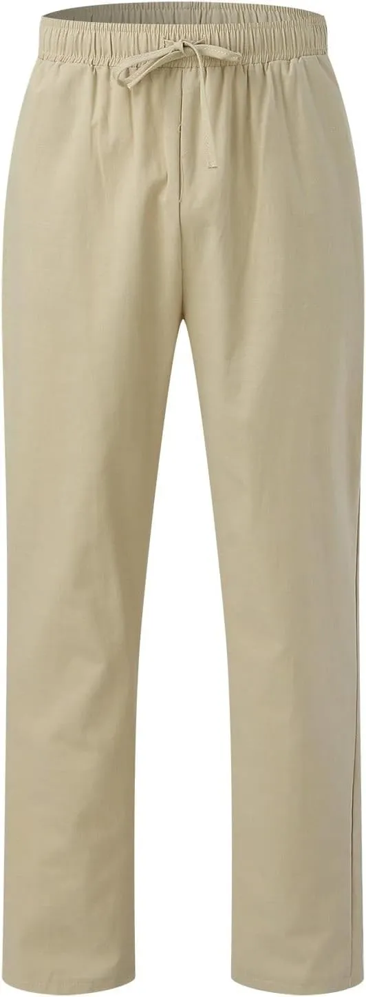 Men's Slim-Fit Slacks Drawstring Linen Pants Drawstring Linen Pants for Beach Yoga Workout Breathable Summer Pants