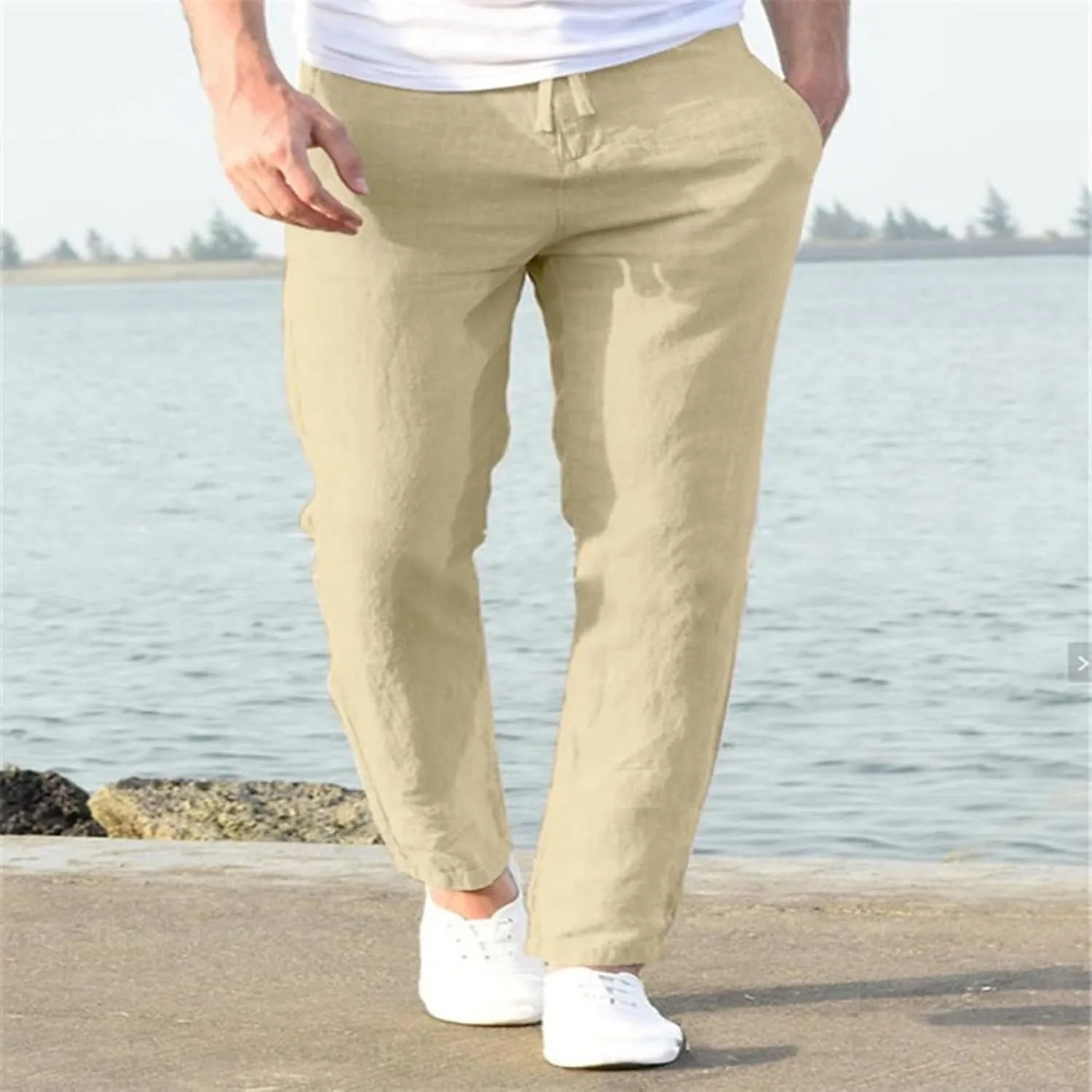 Men's Slim-Fit Slacks Drawstring Linen Pants Drawstring Linen Pants for Beach Yoga Workout Breathable Summer Pants