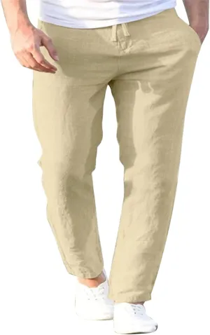 Men's Slim-Fit Slacks Drawstring Linen Pants Drawstring Linen Pants for Beach Yoga Workout Breathable Summer Pants
