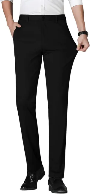 Men's Straight Fit Stretch Dress Pants Classic Fit Flat Front Chino Pant Solid Comfort Slim Fit Skinny Suit Pants