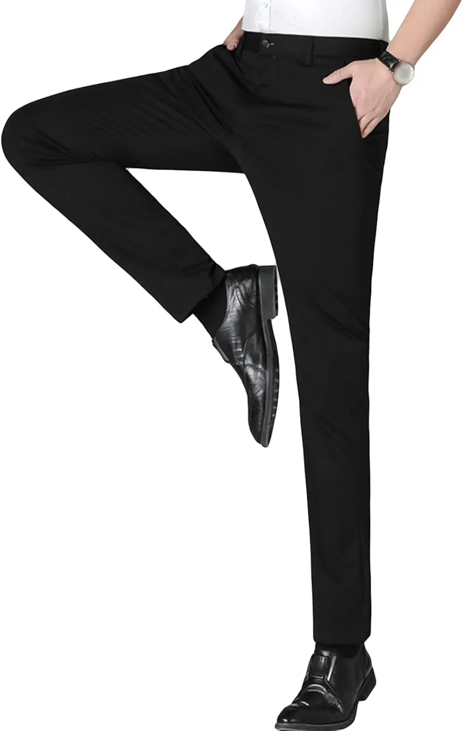 Men's Straight Fit Stretch Dress Pants Classic Fit Flat Front Chino Pant Solid Comfort Slim Fit Skinny Suit Pants
