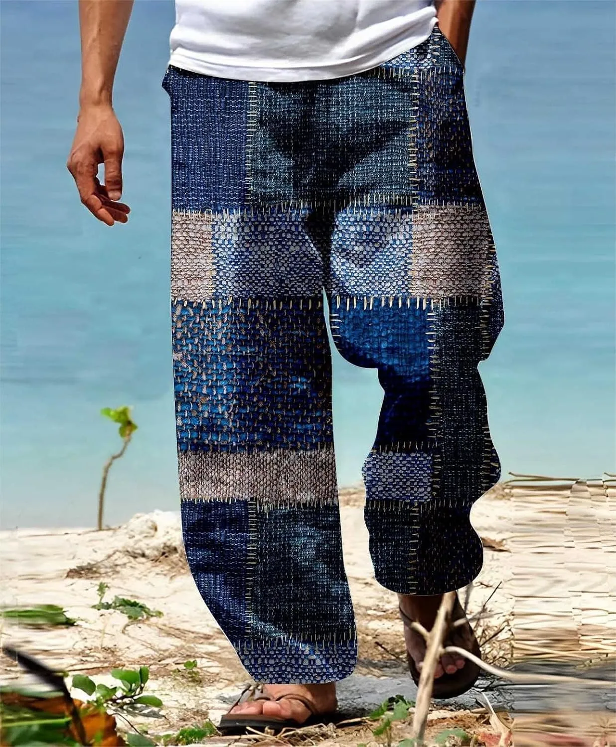 Mens Summer Cotton Linen Casual Pants Loose Fit Straight Leg Trend Printed Trousers Elastic Waist Drawstring Beach Yoga Pants