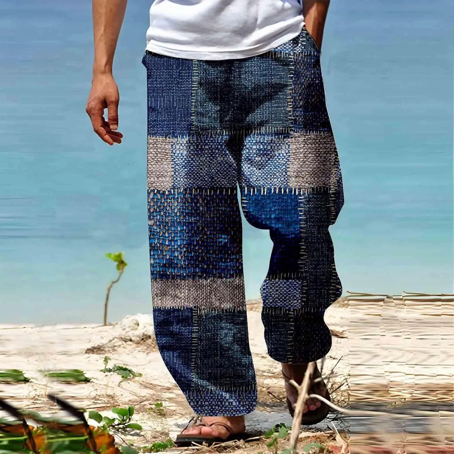 Mens Summer Cotton Linen Casual Pants Loose Fit Straight Leg Trend Printed Trousers Elastic Waist Drawstring Beach Yoga Pants