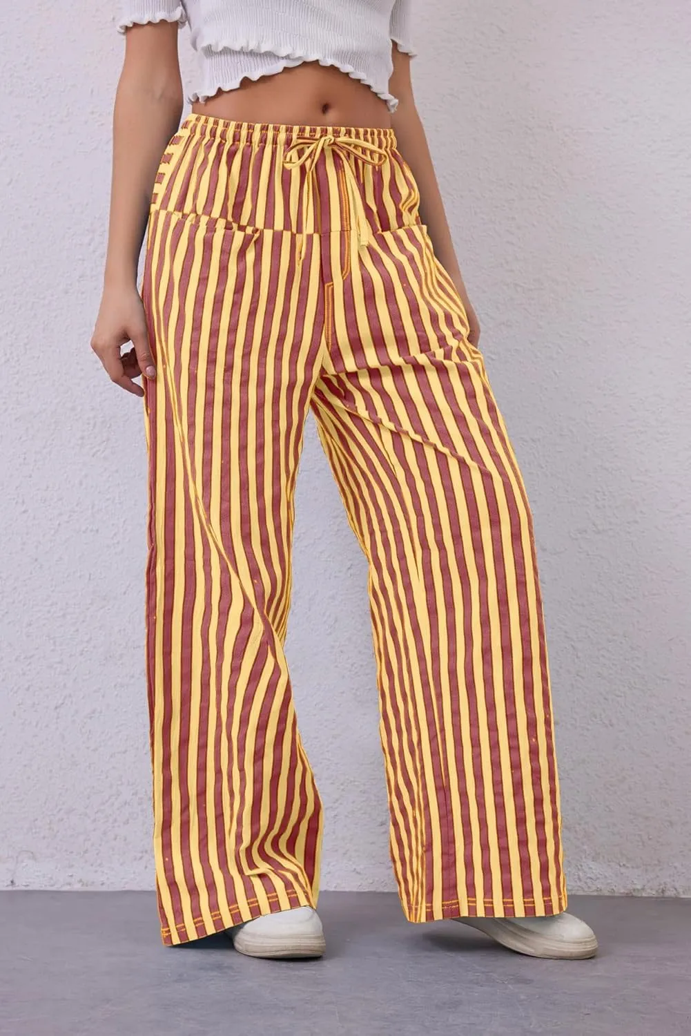 MINTLIMIT Women Striped Linen Pants Drawstring Casual Wide Leg Elastic Waist Trousers Loose Summer Lounge Pants with Pockets