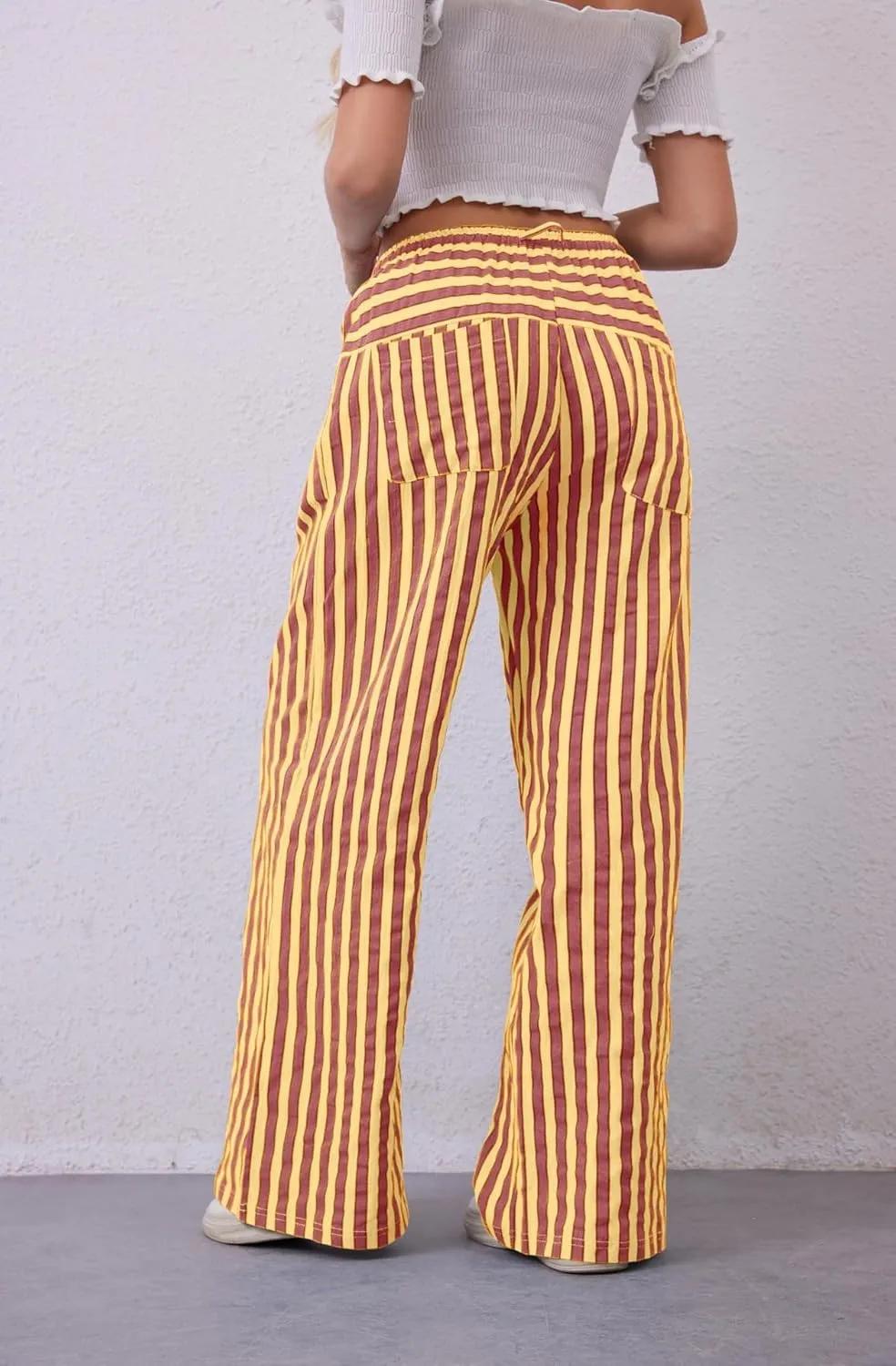 MINTLIMIT Women Striped Linen Pants Drawstring Casual Wide Leg Elastic Waist Trousers Loose Summer Lounge Pants with Pockets