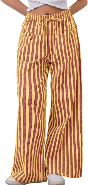 MINTLIMIT Women Striped Linen Pants Drawstring Casual Wide Leg Elastic Waist Trousers Loose Summer Lounge Pants with Pockets