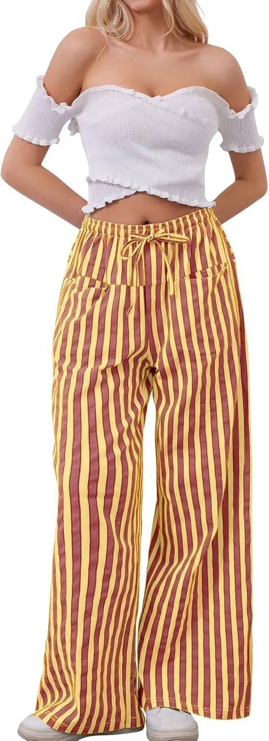 MINTLIMIT Women Striped Linen Pants Drawstring Casual Wide Leg Elastic Waist Trousers Loose Summer Lounge Pants with Pockets