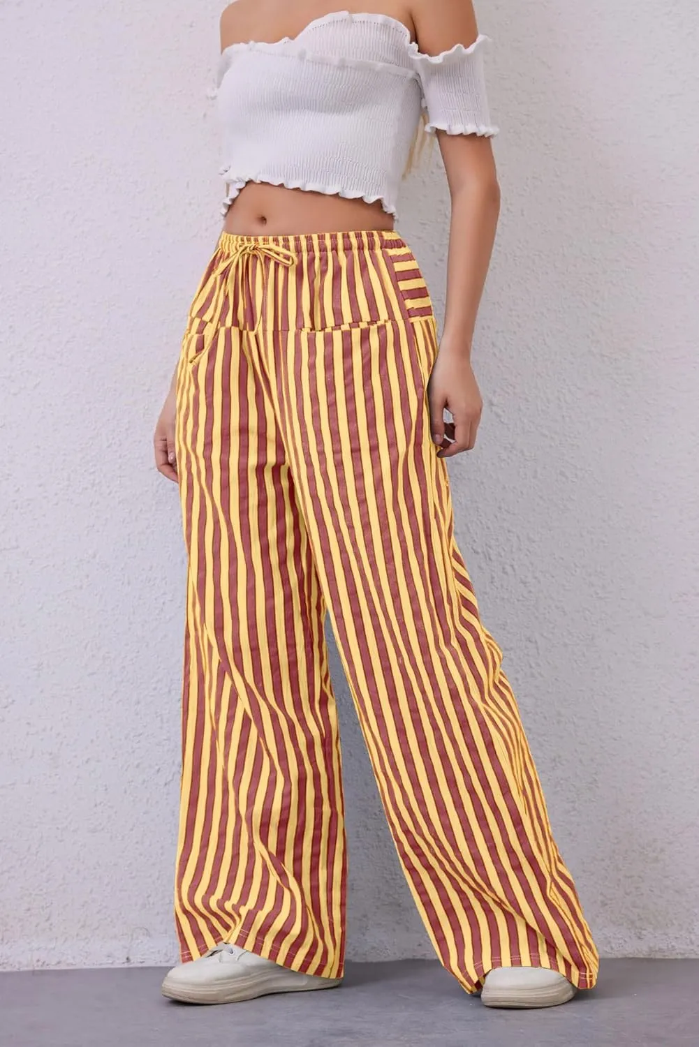 MINTLIMIT Women Striped Linen Pants Drawstring Casual Wide Leg Elastic Waist Trousers Loose Summer Lounge Pants with Pockets