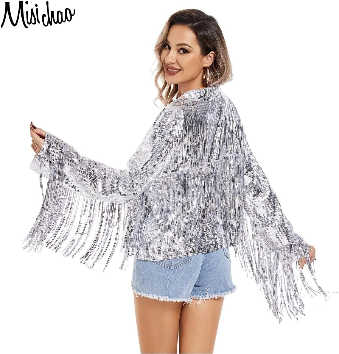 MISI CHAO Sequin Fringe Jacket Shiny Disco Cowgirl Outfit Theme Y2K 90s Streetwear Jacket Glitter Tassel Coat