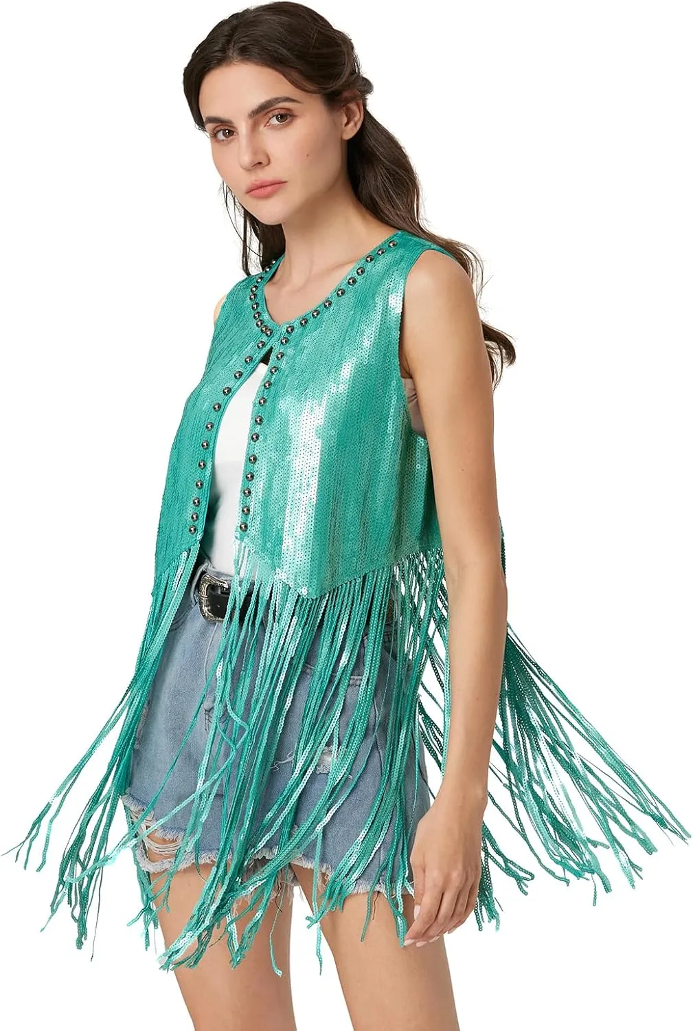 MISI CHAO Sequin Fringe Vest - Sparkly Tassels Jacket Rivet Sleeveless Open Front Tops Glitter Party Cowgirl Concert Outfits