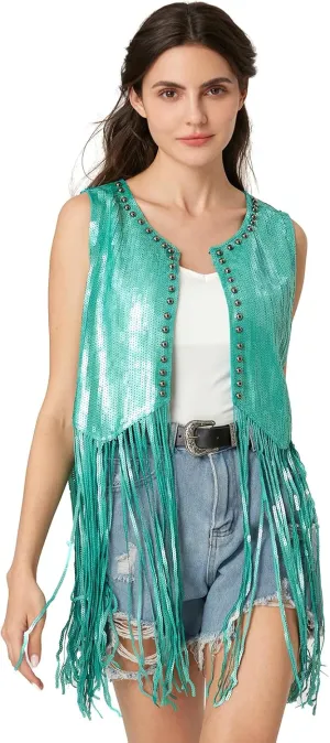 MISI CHAO Sequin Fringe Vest - Sparkly Tassels Jacket Rivet Sleeveless Open Front Tops Glitter Party Cowgirl Concert Outfits