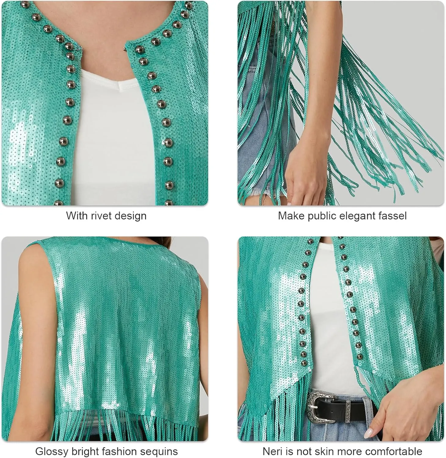 MISI CHAO Sequin Fringe Vest - Sparkly Tassels Jacket Rivet Sleeveless Open Front Tops Glitter Party Cowgirl Concert Outfits