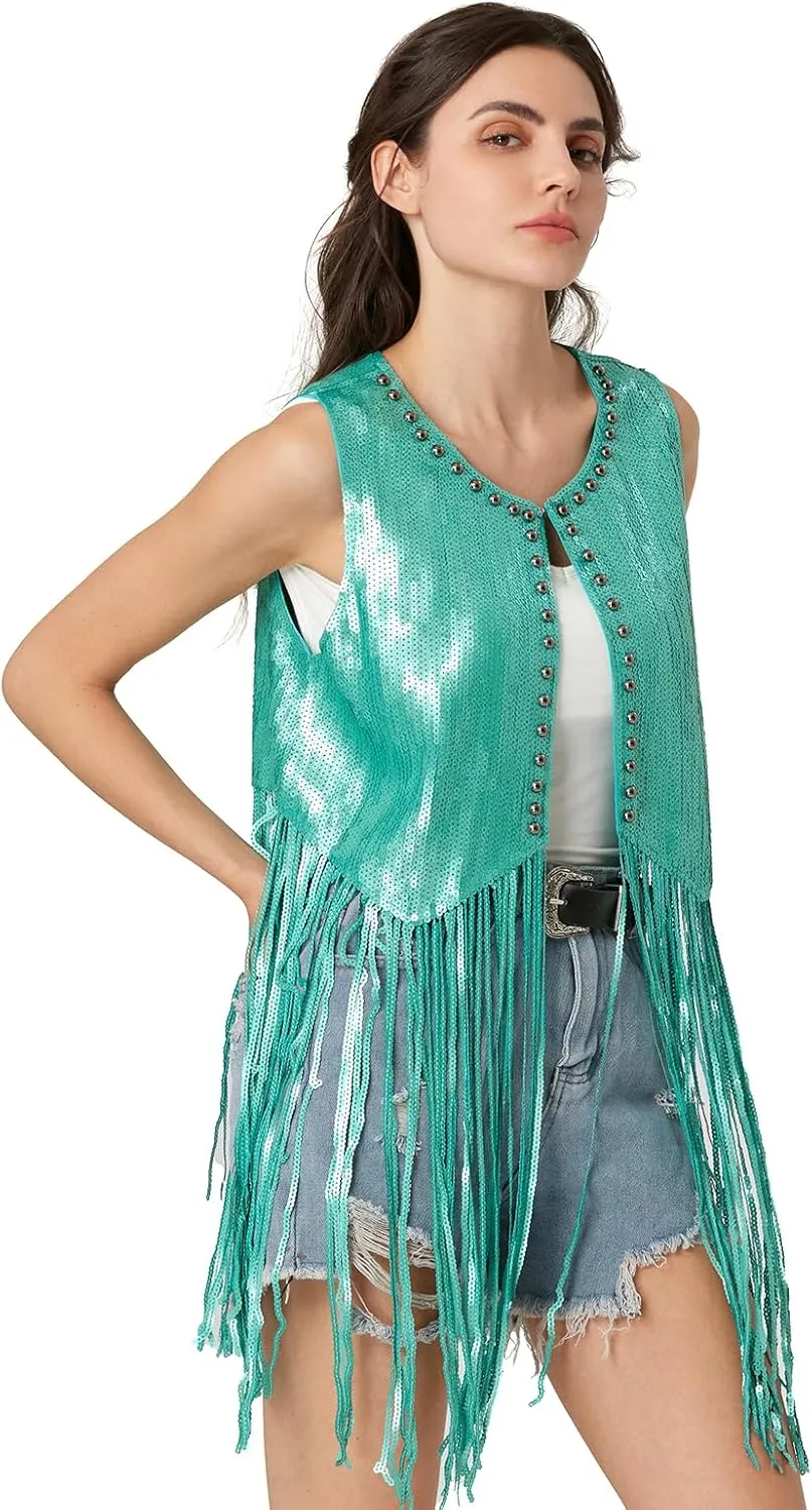 MISI CHAO Sequin Fringe Vest - Sparkly Tassels Jacket Rivet Sleeveless Open Front Tops Glitter Party Cowgirl Concert Outfits