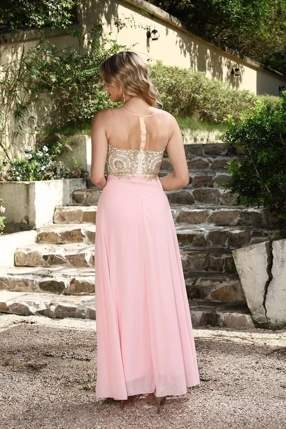 MisShow Lace Applique Evening Formal Dresses for Women 2024 Long Chiffon Wedding Bridesmaid Dresses