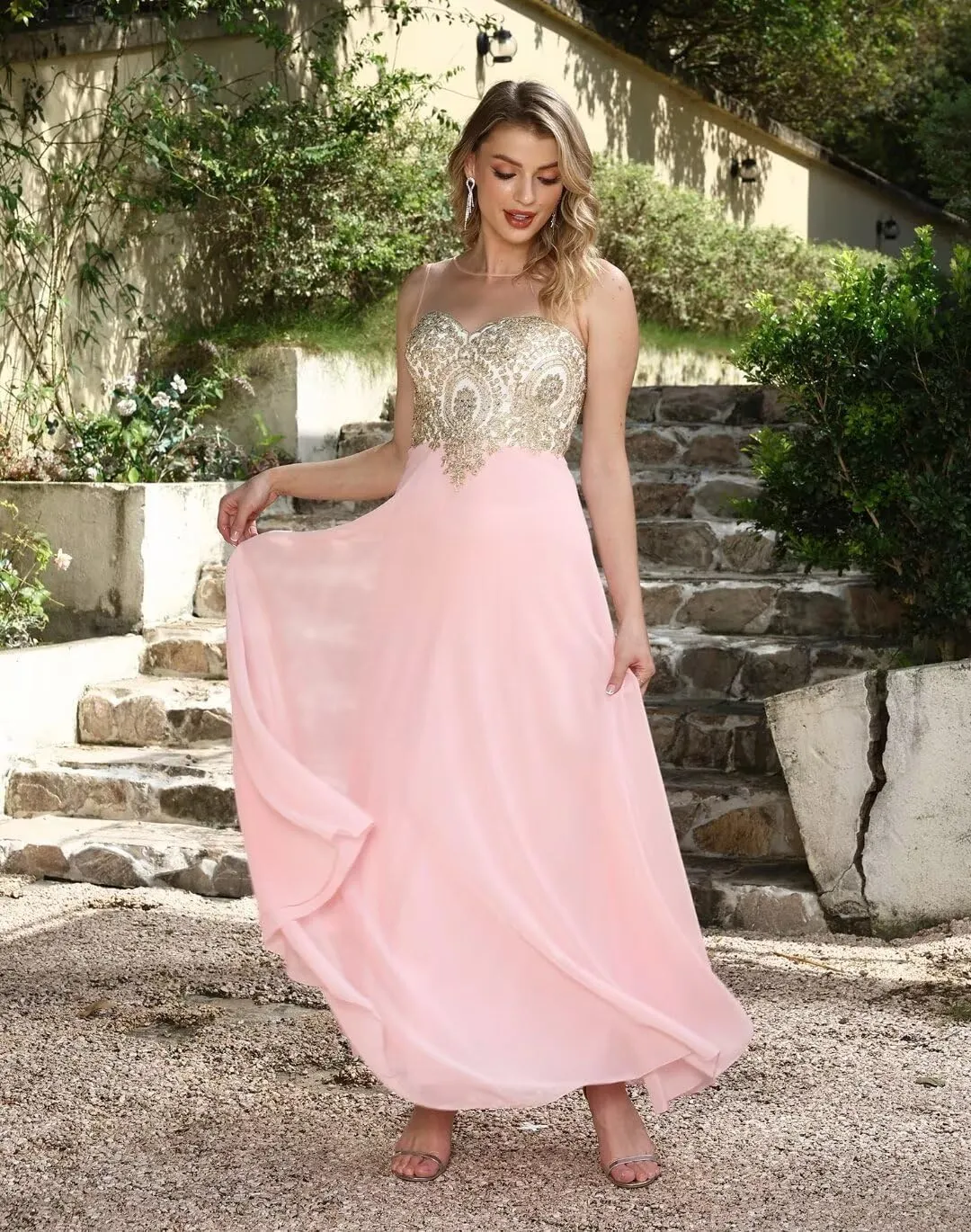 MisShow Lace Applique Evening Formal Dresses for Women 2024 Long Chiffon Wedding Bridesmaid Dresses