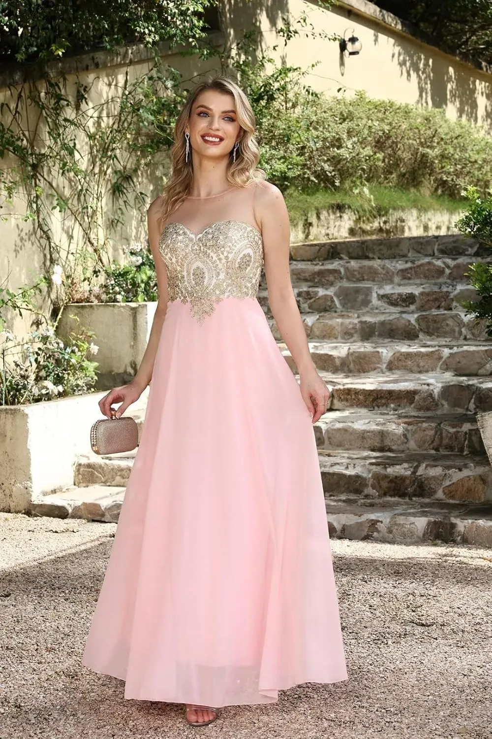 MisShow Lace Applique Evening Formal Dresses for Women 2024 Long Chiffon Wedding Bridesmaid Dresses