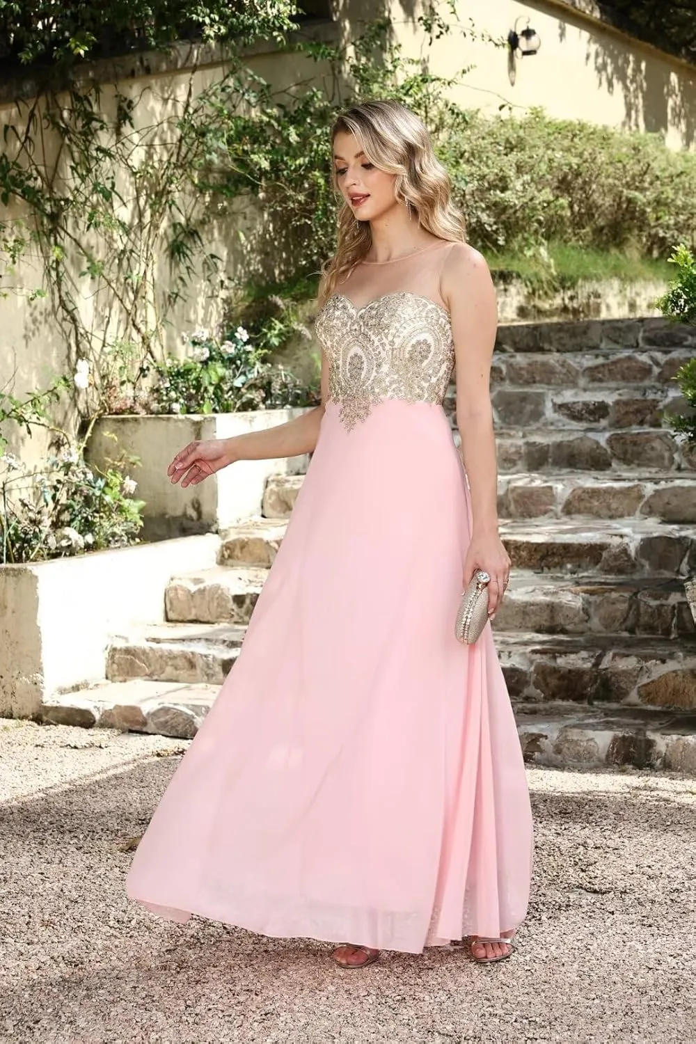 MisShow Lace Applique Evening Formal Dresses for Women 2024 Long Chiffon Wedding Bridesmaid Dresses