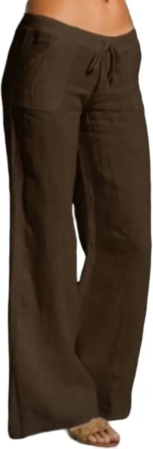 Mmoneyake Womens Cotton Linen Drawstring Pants Casual High Waist Lounge Pants Trousers with Pockets Loose Fit Palazzo Pants