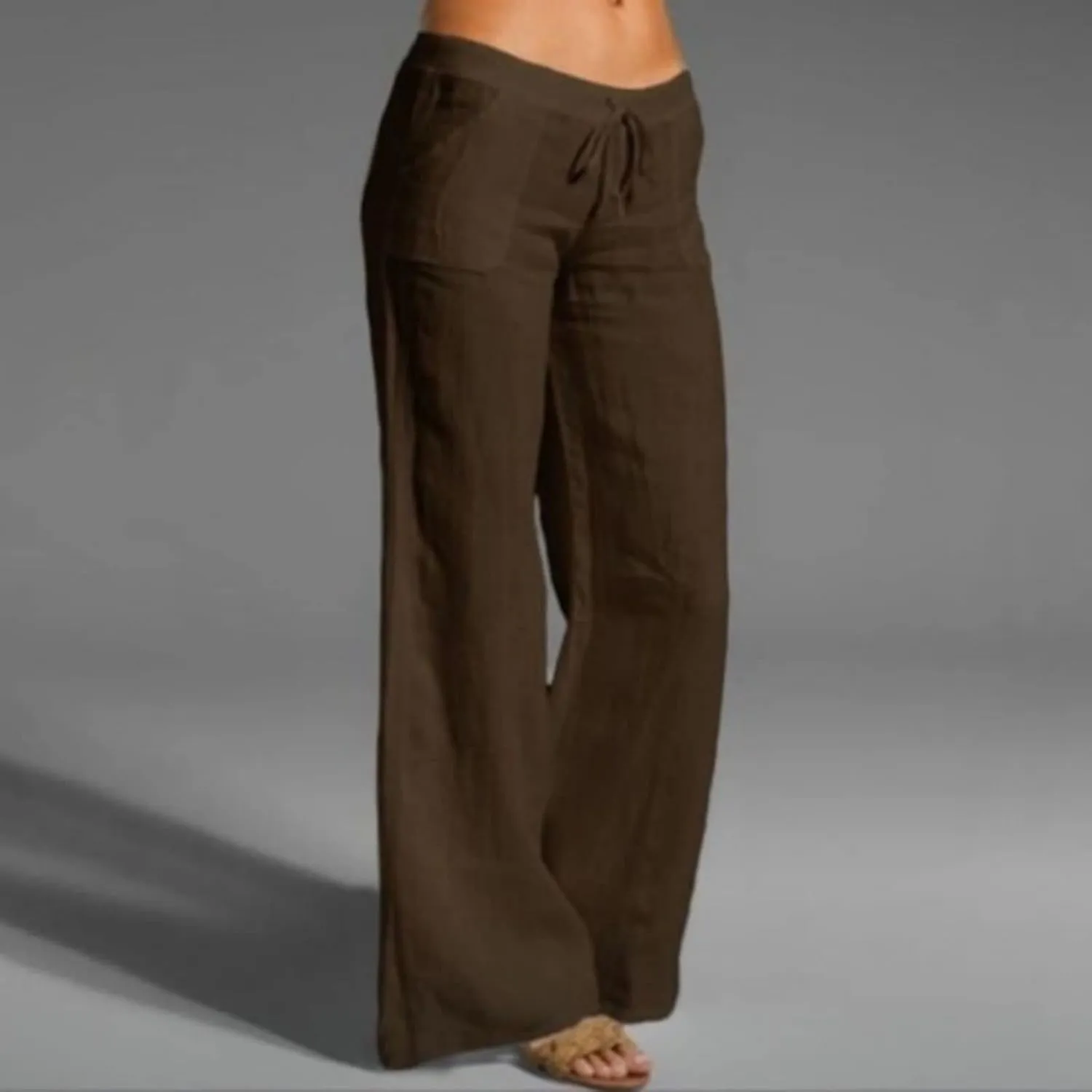 Mmoneyake Womens Cotton Linen Drawstring Pants Casual High Waist Lounge Pants Trousers with Pockets Loose Fit Palazzo Pants