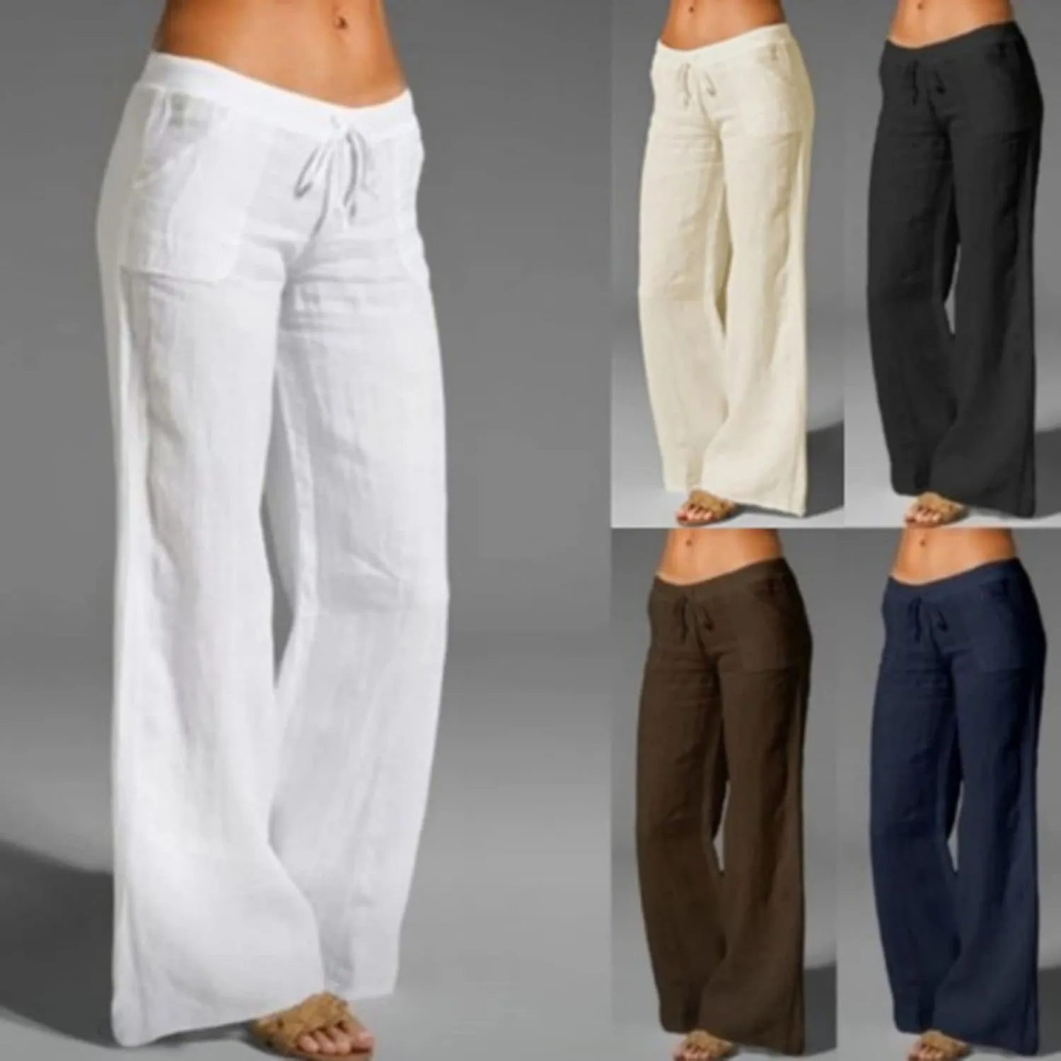 Mmoneyake Womens Cotton Linen Drawstring Pants Casual High Waist Lounge Pants Trousers with Pockets Loose Fit Palazzo Pants