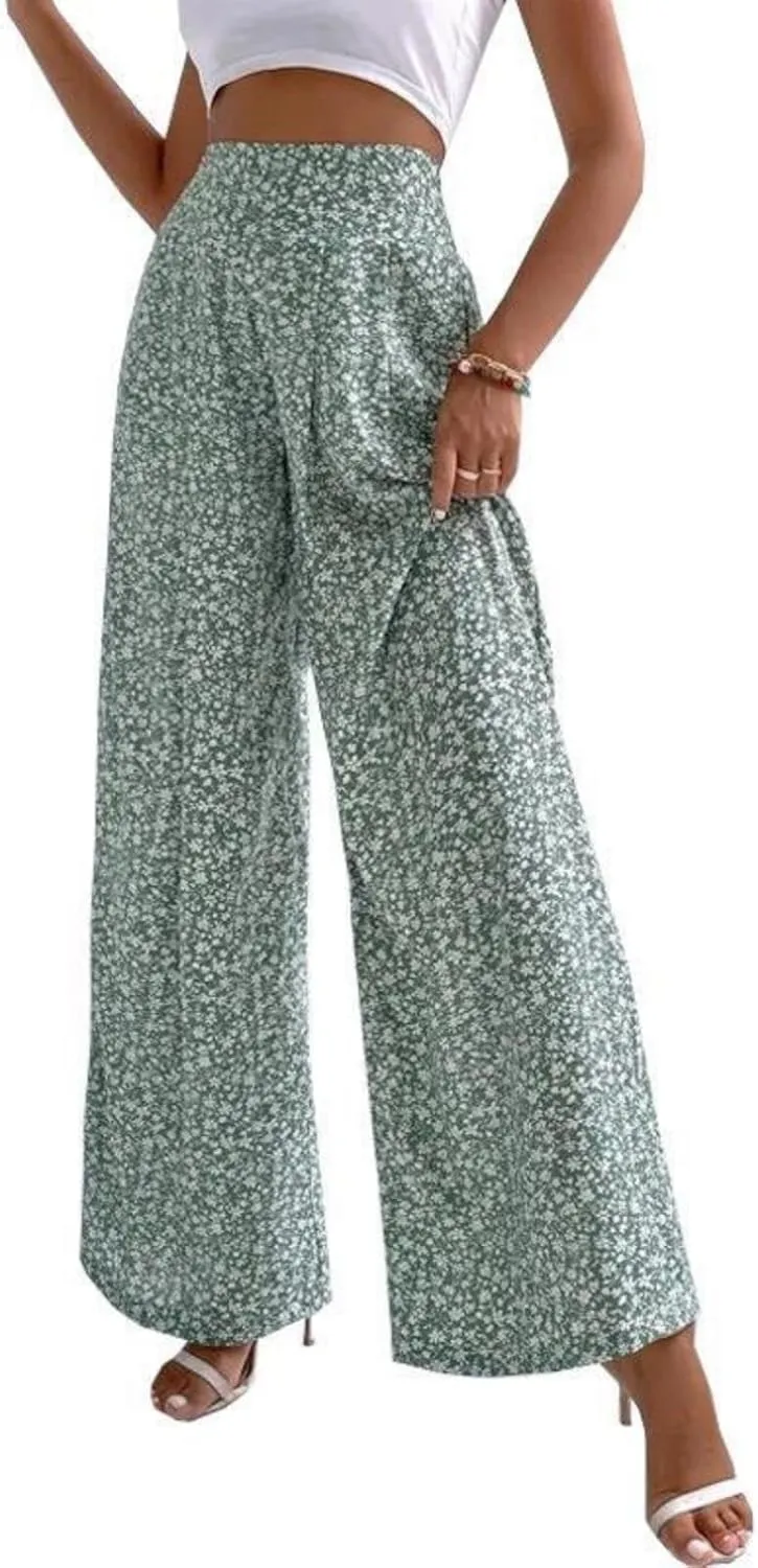 Mmoneyake Women's Wide Leg Pants Boho Floral Print High Waist Pants Palazzo Lounge Pants Casual Summer Beach Loose Trousers