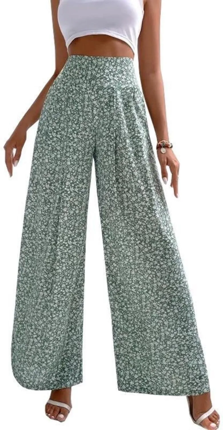 Mmoneyake Women's Wide Leg Pants Boho Floral Print High Waist Pants Palazzo Lounge Pants Casual Summer Beach Loose Trousers