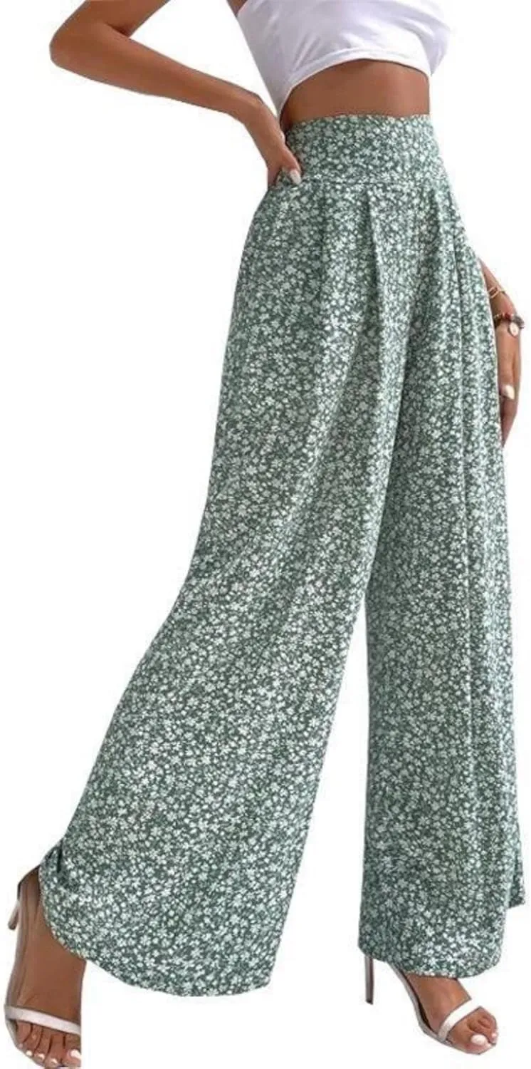 Mmoneyake Women's Wide Leg Pants Boho Floral Print High Waist Pants Palazzo Lounge Pants Casual Summer Beach Loose Trousers