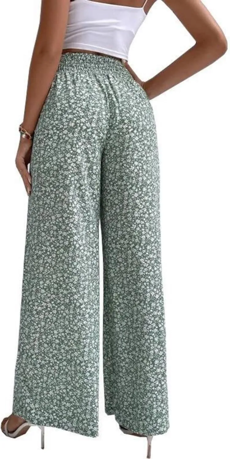 Mmoneyake Women's Wide Leg Pants Boho Floral Print High Waist Pants Palazzo Lounge Pants Casual Summer Beach Loose Trousers