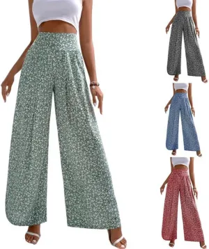 Mmoneyake Women's Wide Leg Pants Boho Floral Print High Waist Pants Palazzo Lounge Pants Casual Summer Beach Loose Trousers