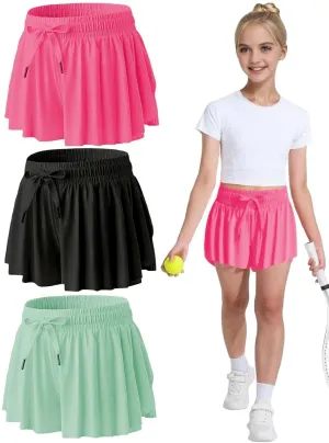 MODERN ASIR 3 Pack Girls Flowy Shorts with Spandex Liner 2-in-1 Youth Butterfly Skirts for Fitness, Running, Sports