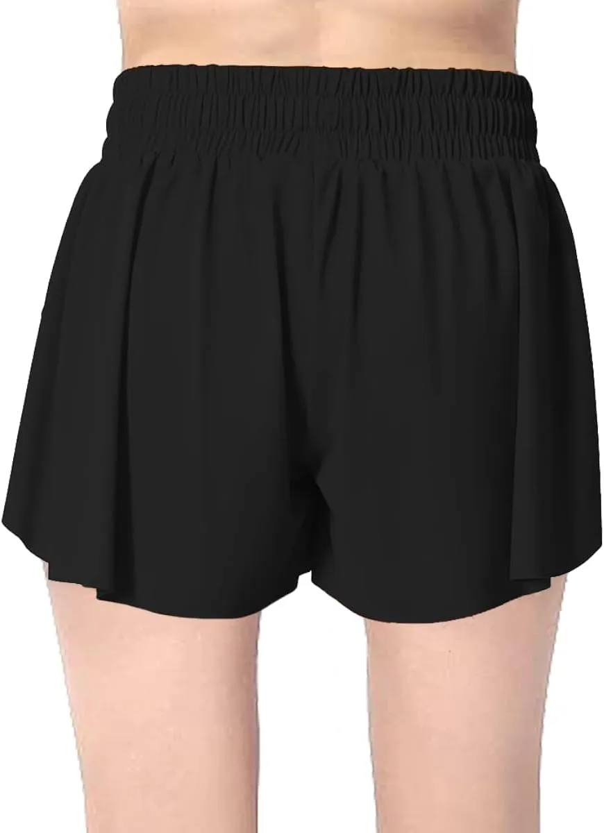 MODERN ASIR 3 Pack Girls Flowy Shorts with Spandex Liner 2-in-1 Youth Butterfly Skirts for Fitness, Running, Sports