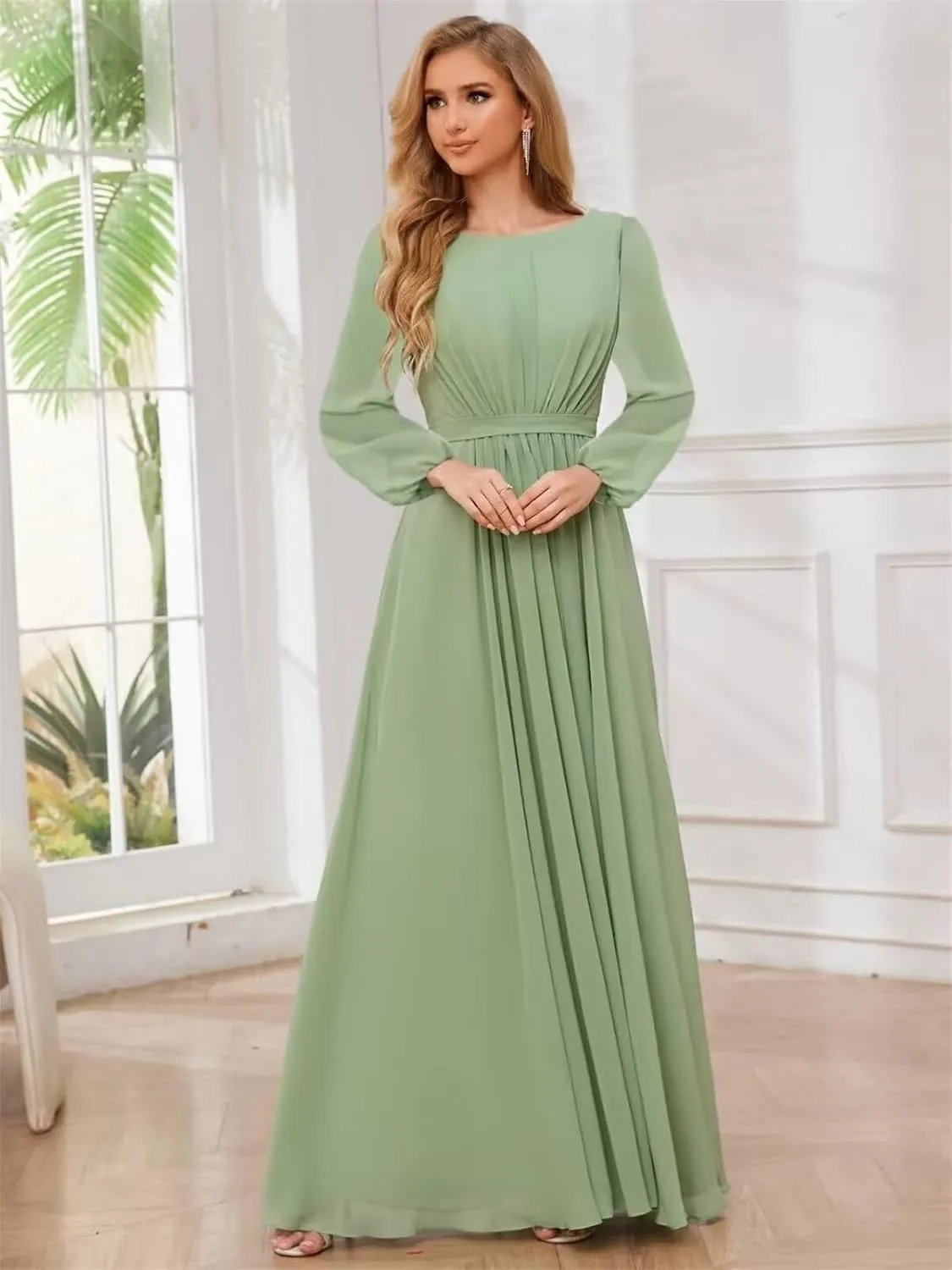 Modest Bridesmaid Dresses for Women Scoop Neck Long Sleeve Chiffon Formal Party Dress