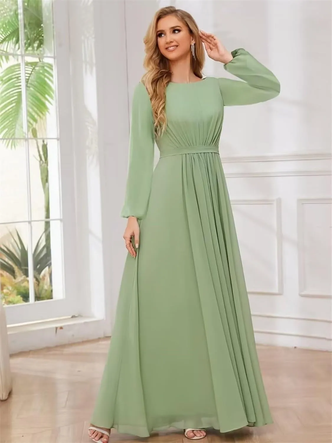 Modest Bridesmaid Dresses for Women Scoop Neck Long Sleeve Chiffon Formal Party Dress