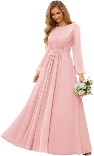 Modest Bridesmaid Dresses for Women Scoop Neck Long Sleeve Chiffon Formal Party Dress