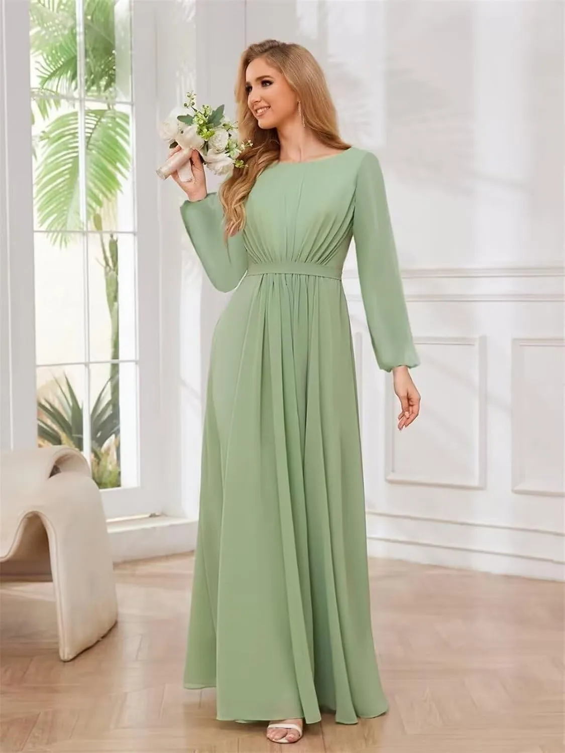 Modest Bridesmaid Dresses for Women Scoop Neck Long Sleeve Chiffon Formal Party Dress