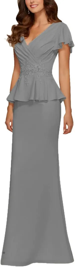 Mother of The Bride Dresses Chiffon Long Formal Evening Gowns Peplum Prom Party Dress Beads Applique Steel_Grey US 8