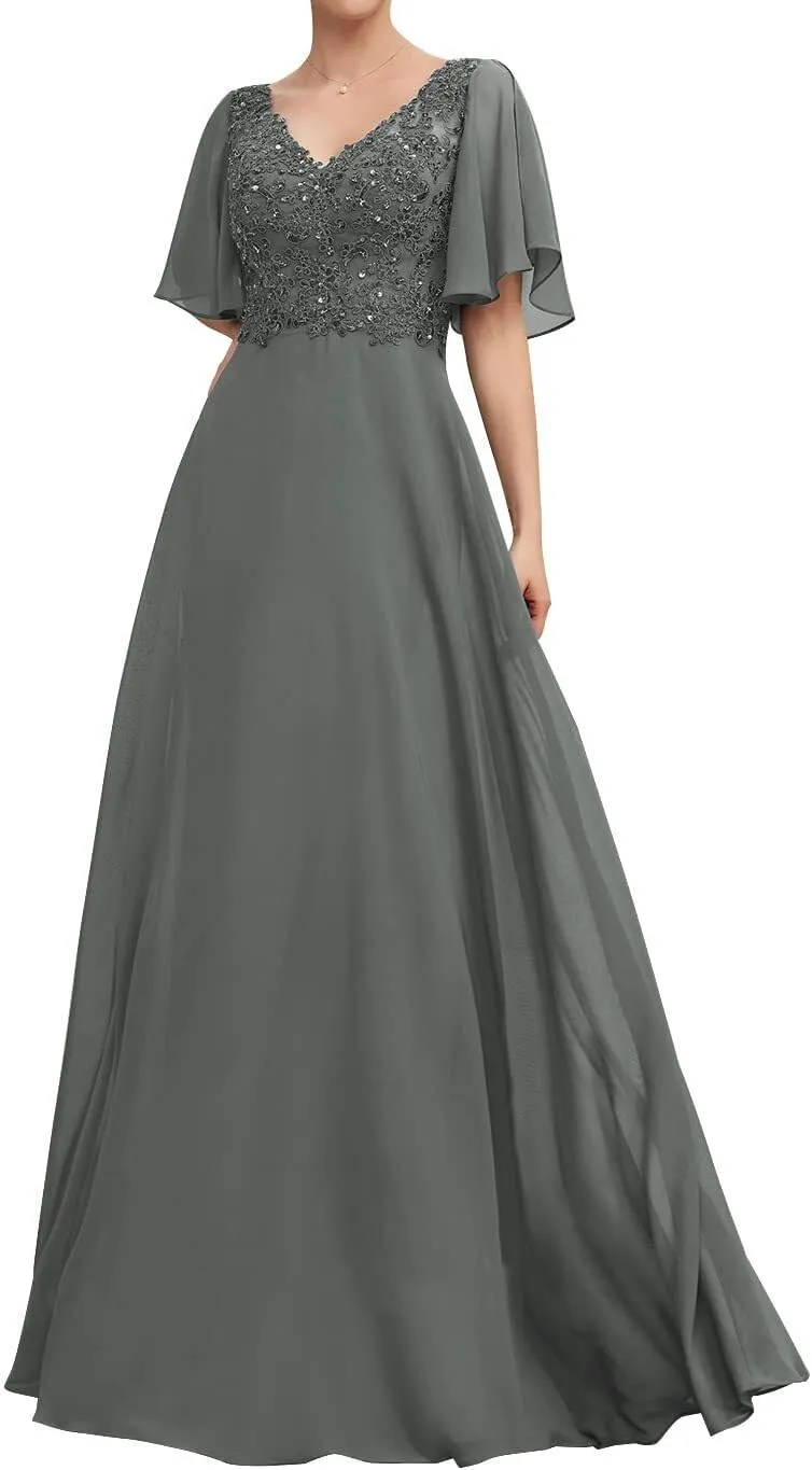 Mother of The Bride Dresses V Neck Long Lace Appliques Ruffle Sleeves Ruched Pleated Formal Evening Gowns Party Dress