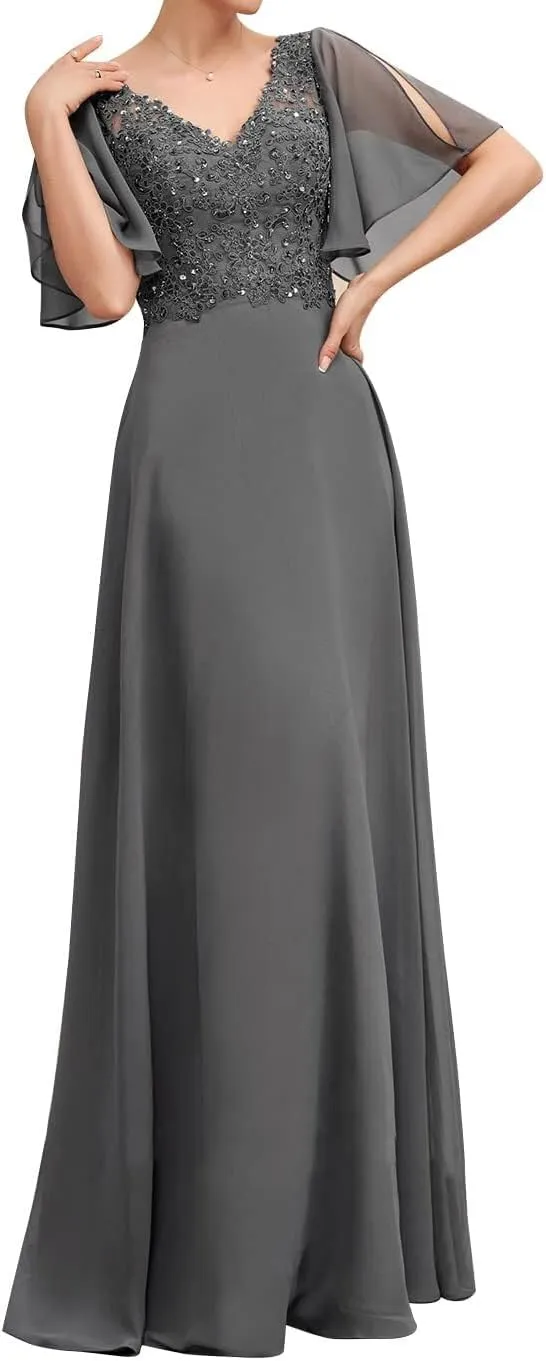 Mother of The Bride Dresses V Neck Long Lace Appliques Ruffle Sleeves Ruched Pleated Formal Evening Gowns Party Dress
