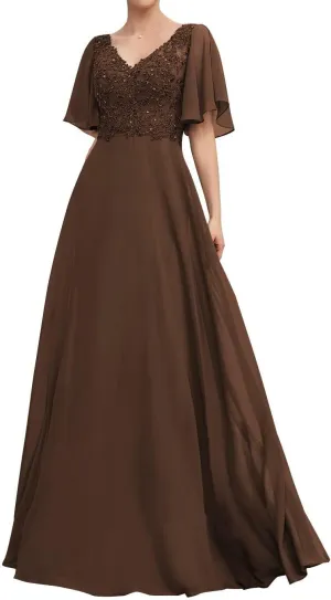 Mother of The Bride Dresses V Neck Long Lace Appliques Ruffle Sleeves Ruched Pleated Formal Evening Gowns Party Dress