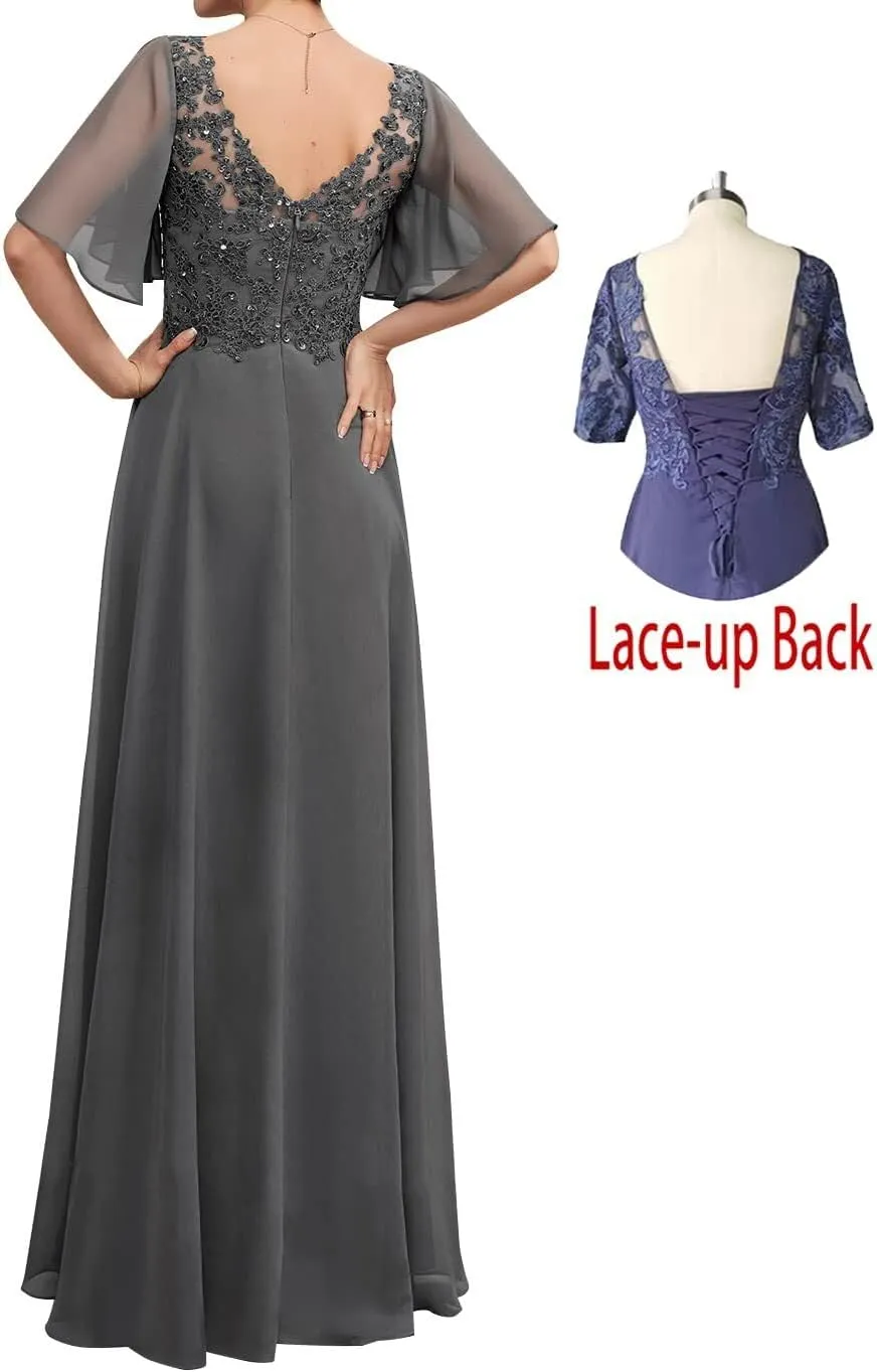 Mother of The Bride Dresses V Neck Long Lace Appliques Ruffle Sleeves Ruched Pleated Formal Evening Gowns Party Dress