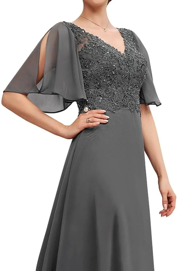 Mother of The Bride Dresses V Neck Long Lace Appliques Ruffle Sleeves Ruched Pleated Formal Evening Gowns Party Dress