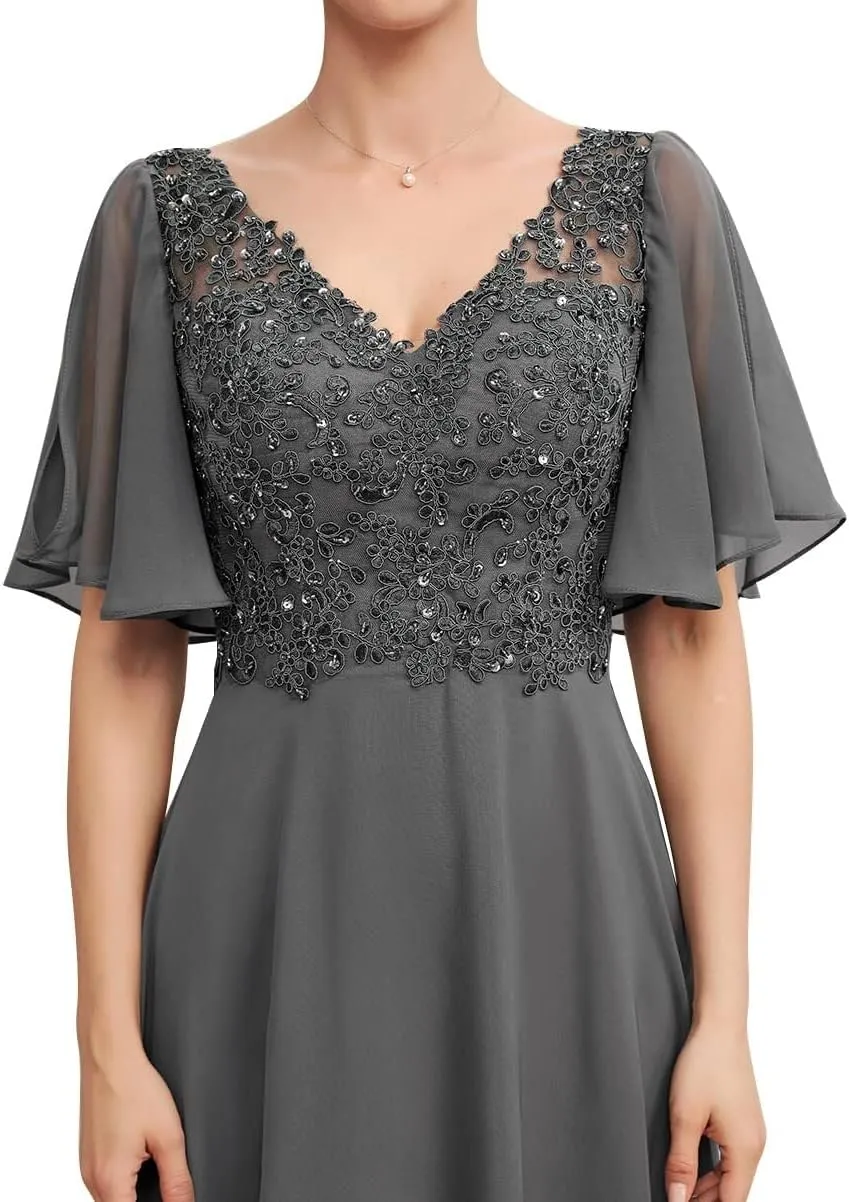 Mother of The Bride Dresses V Neck Long Lace Appliques Ruffle Sleeves Ruched Pleated Formal Evening Gowns Party Dress
