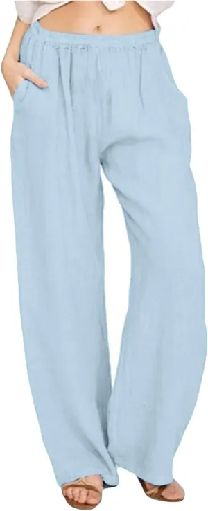 NBXNZWF Women's Cotton Linen Pants 2025 Summer Casual Straight Leg Trousers Wide Leg Loose Fit Long Pants with Pockets