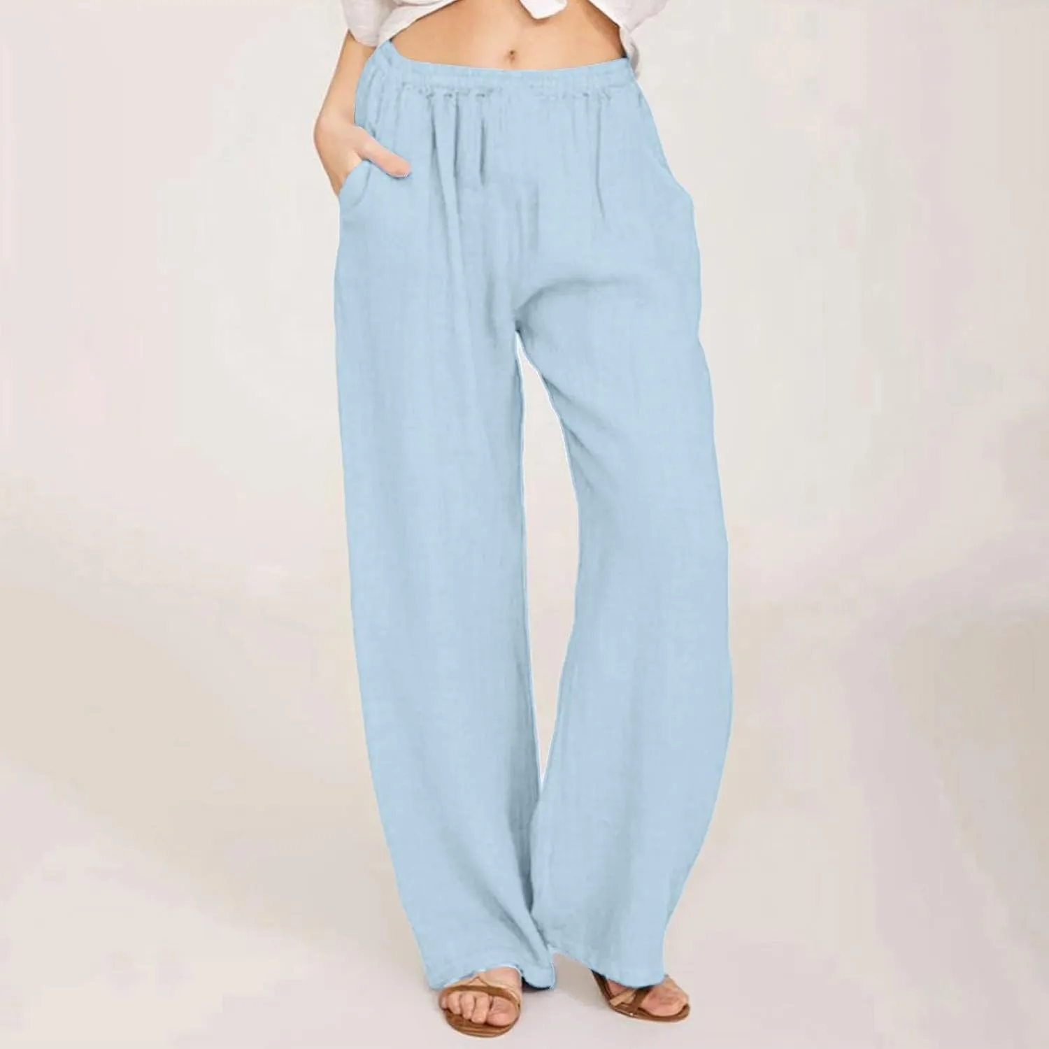NBXNZWF Women's Cotton Linen Pants 2025 Summer Casual Straight Leg Trousers Wide Leg Loose Fit Long Pants with Pockets