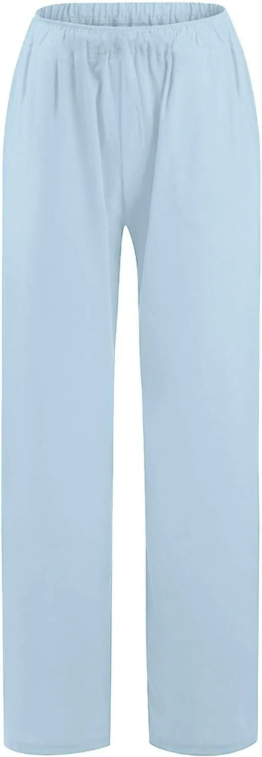 NBXNZWF Women's Cotton Linen Pants 2025 Summer Casual Straight Leg Trousers Wide Leg Loose Fit Long Pants with Pockets