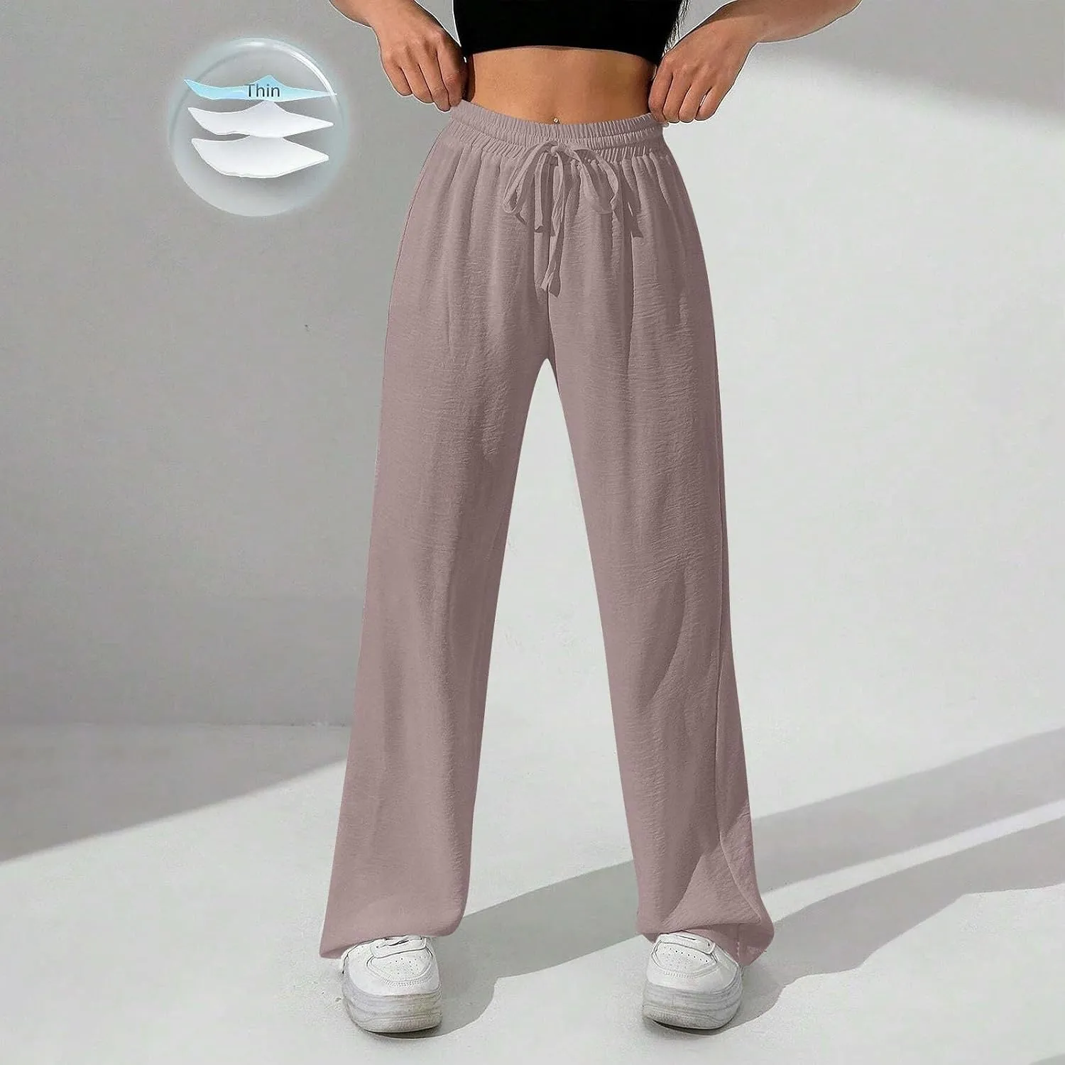 NBXNZWF Women's Cotton-Linen Pants Wide Leg Drawstring High Waist Casual Trousers Lounge Pant with Pockets Beach Outfits