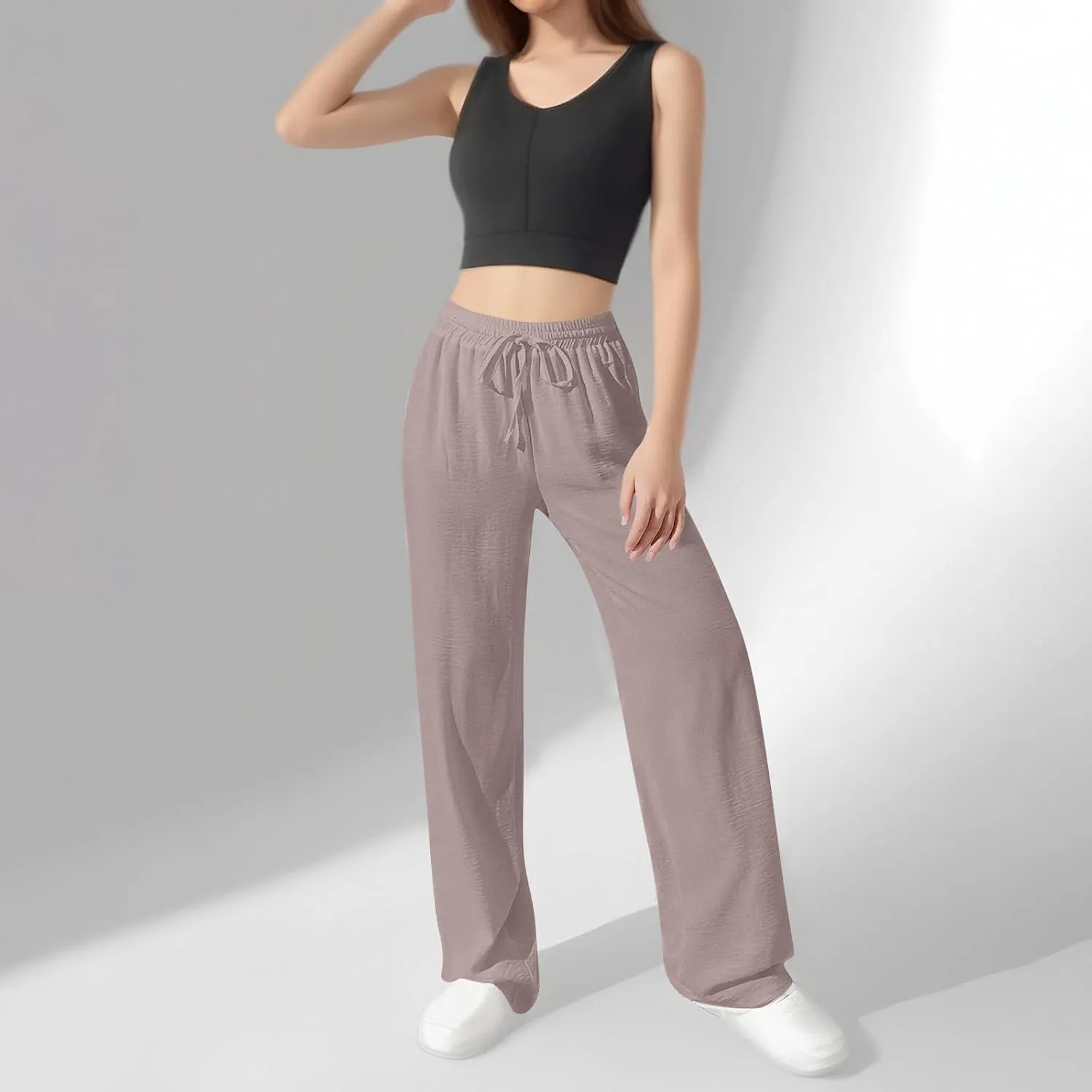 NBXNZWF Women's Cotton-Linen Pants Wide Leg Drawstring High Waist Casual Trousers Lounge Pant with Pockets Beach Outfits
