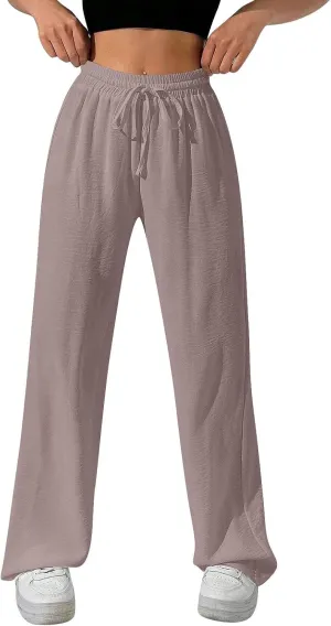 NBXNZWF Women's Cotton-Linen Pants Wide Leg Drawstring High Waist Casual Trousers Lounge Pant with Pockets Beach Outfits