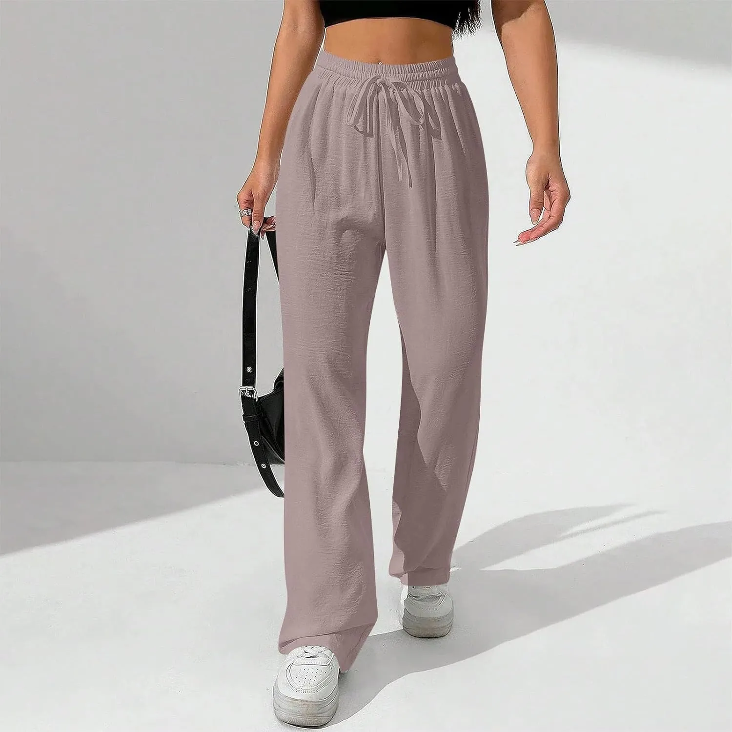 NBXNZWF Women's Cotton-Linen Pants Wide Leg Drawstring High Waist Casual Trousers Lounge Pant with Pockets Beach Outfits