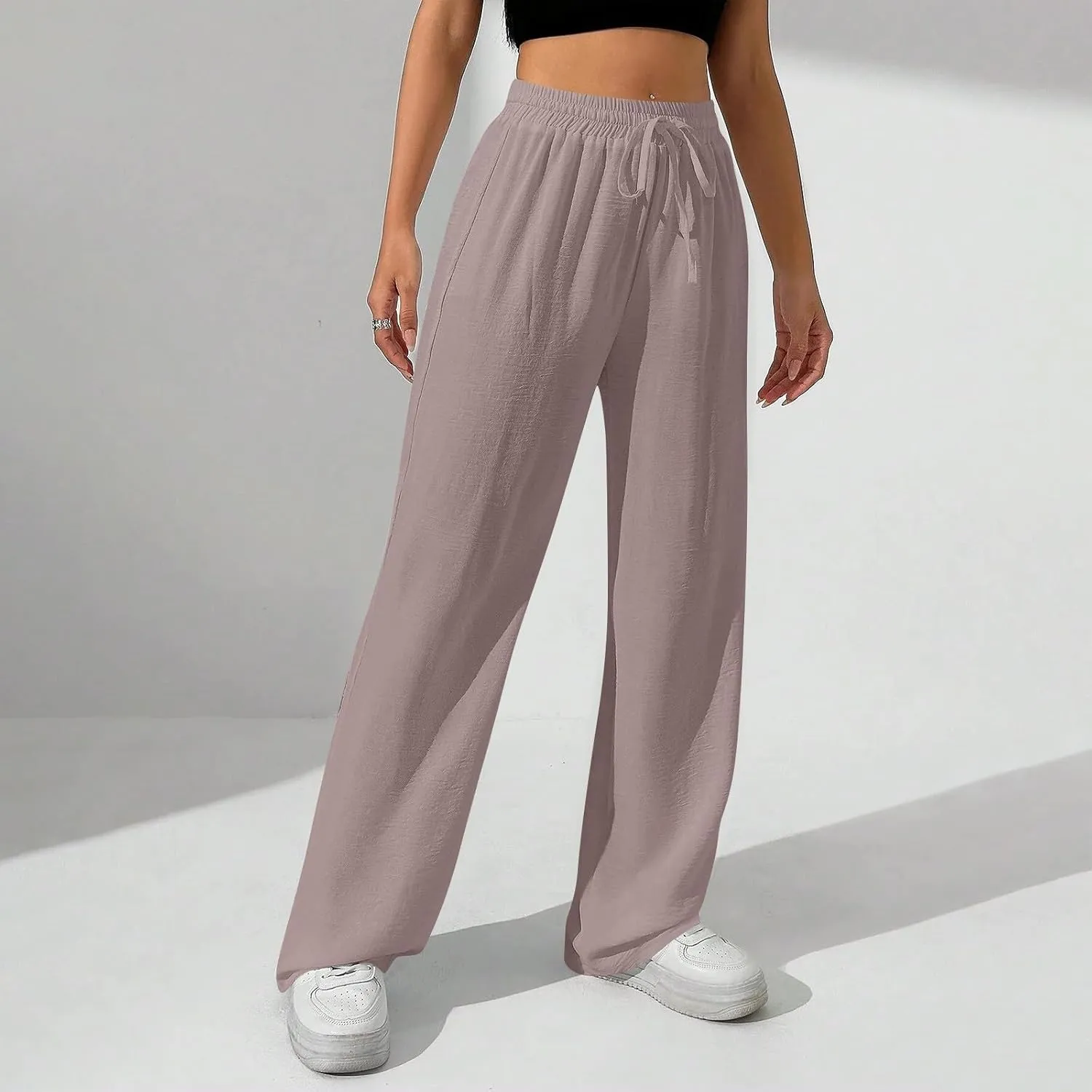NBXNZWF Women's Cotton-Linen Pants Wide Leg Drawstring High Waist Casual Trousers Lounge Pant with Pockets Beach Outfits